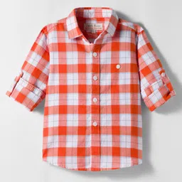 JASH KIDS Twill Woven Full Sleeves Checkered Shirt - Orange & White-image-81