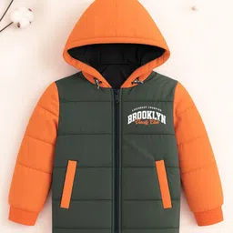Trampoline Knit Full Sleeves Colour Blocked Brroklyn Text Printed Hooded Unisex Winter Puffer Jacket - Multi Colour-picture-23
