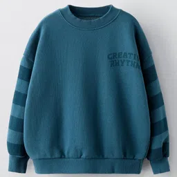 ALAN JONES Cotton Blend Knit Full Sleeves Creative Rhythm Text Printed Light Winter Oversized Sweatshirt - Teal Blue-image-95