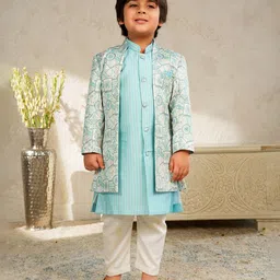 AJ Dezines Jacquard Woven Geometric Embroidered Kurta & Pyjama With Full Sleeves Sherwani Jacket Set - Sea Green-picture-34