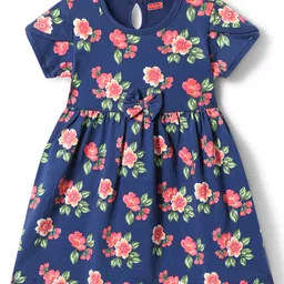 Babyhug Single Jersey Knit Half Sleeves Floral & Polka Dots Printed Frocks with Bow Applique Pack of 2 - Red & Navy Blue image 2