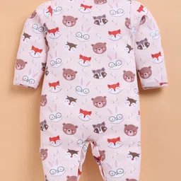 Wonderchild Full Sleeves Checked & Baby Animals Printed Footed Sleepsuit With Cap Set - Peach image 2