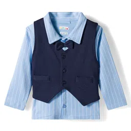 BUMZEE Cotton Knit Full Sleeves 3 Piece Party Suit With Bow Attached & Stripes Print - Sky Blue & Navy Blue image 2