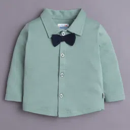 BUMZEE Cotton Knit Full Sleeves Solid 3 Piece Party Suit With Attached Bow - Beige & Green image 3