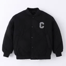 Kookie Kids Full Sleeves Front Open Bomber Jacket with Front & Back Text Patch - Black image 3