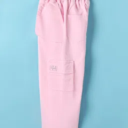 Olio Kids Cotton Woven Full Length Solid Colour Trousers with Cargo  Pockets - Pink image 3