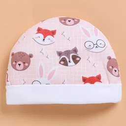 Wonderchild Full Sleeves Checked & Baby Animals Printed Footed Sleepsuit With Cap Set - Peach image 3