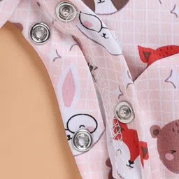 Wonderchild Full Sleeves Checked & Baby Animals Printed Footed Sleepsuit With Cap Set - Peach image 4