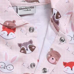Wonderchild Full Sleeves Checked & Baby Animals Printed Footed Sleepsuit With Cap Set - Peach image 5