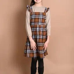 LilPicks Kids Brown & Beige Chequered Full Sleeves Dress-image-14