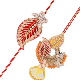 Aapno Rajasthan Red Leaf & Butterfly Design Bhaiya-Bhabhi Casual Rakhi with Roli Chawal & Greetings Card image 3