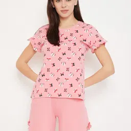 Clovia Pink Cotton Graphic Print Top Shorts Set-picture-29