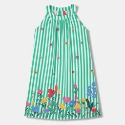 Blue Giraffe Kids Green & White Cotton Floral Print Dress-image-11