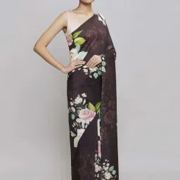 navyasa by liva Major Brown Floral Print Saree With Unstitched Blouse image 3