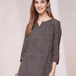 Fabindia Black & Maroon Cotton Printed A Line Short Kurti-image-32