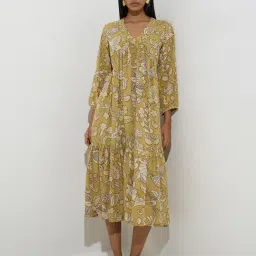 Utsa by Westside Mustard Foliage Design Tiered Dress-picture-17