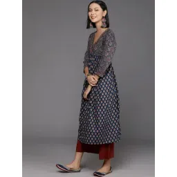 Varanga Blue Cotton Printed A Line Kurta image 3