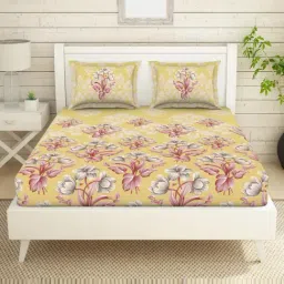 Spaces Floral Yellow 180 TC Cotton King Bed Sheet with 2 Pillow Covers-image-10