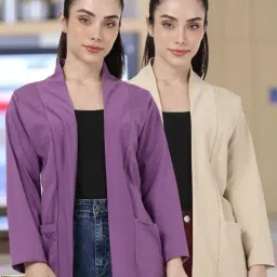 Kryptic Purple and Light Fawn Cotton Solid Open Front Shrug with Pockets, Pack of 2-image-61