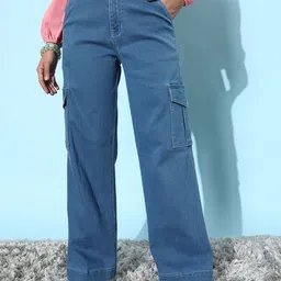 DOLCE CRUDO Women Cotton Wide Leg High-Rise Stretchable Jeans-image-13