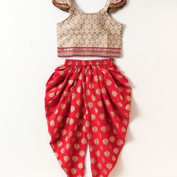 Twisha Sleeveless Floral Self Design Lace & Sequins Embellished Top With Foil Print Dhoti - Gold-picture-21