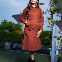 Shades Of Sabi Full Sleeves Solid Button Down Corduroy Maternity Shirt Dress - Rust Brown-image-76