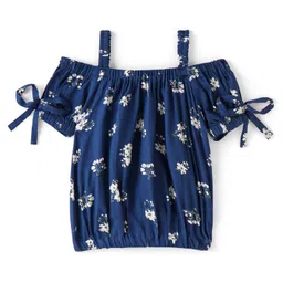 Babyhug Rayon Cold Shoulder Top With Bow Detailing & Floral Print - Navy Blue-picture-13