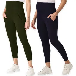 The Mom Store Pack Of 2 Solid Maternity Leggings  - Olive & Navy-picture-24