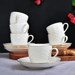Femora Indian Ceramic Gold Line Wave Ripple Pattern White Tea Cups, Mugs and Saucer-200 ml - Set of 6-picture-31