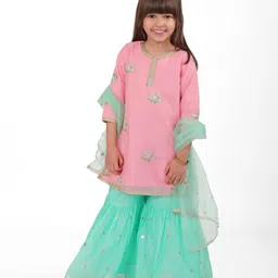 Babyhug Woven Full Sleeves Sequinned Chanderi Floral Embroidered Kurti Gharara & Net Dupatta Set - Pink & Blue-picture-28