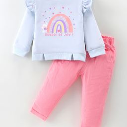 ToffyHouse Cotton Knit Full Sleeves Top & Woven Corduroy Pants Set With Rainbow Theme Print & Mesh Detail - Pink-image-1