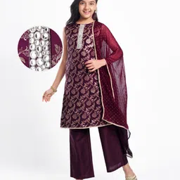 Pine Kids Woven Sleeveless Kurti Salwar Set With Foil Print & Dupatta - Wine-picture-19