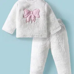 Babyhug Fur Knit Full Sleeves Winter Wear T-Shirt & Lounge Pant Set With Bow Embroidery - White-picture-21
