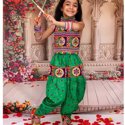 KID1 Cotton Woven Navratri Theme Sleeveless Ethnic Embroidered Mirror Work Embellished Crop Top & Bandhani Designed Dhoti With Cap Set - Green-picture-17