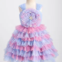 Enfance Sleeveless Floral Applique Detailed & Pearls Embellished Knee Length Layered Dress - Ferozi-picture-38