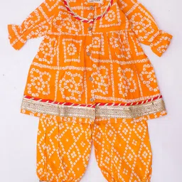 Little Ginnie Cotton Woven Three Fourth Sleeves Bandhani Printed Gota Lace Embellished Kurti Salwar Set - Orange-picture-27