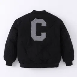Kookie Kids Full Sleeves Front Open Bomber Jacket with Front & Back Text Patch - Black image 2