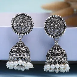Anouk German Silver Plated Artificial Beaded Oxidised Dome Shaped Jhumkas-picture-22