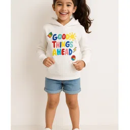 Tales & Stories Cotton Knit Full Sleeves Good Things Ahead Text Printed Hooded Sweatshirt - White image 4