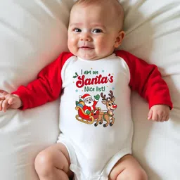KNITROOT Cotton Knit Christmas Theme Full Raglan Sleeves I Am On Santas Nice List Text Printed Onesie - Red & White image 4