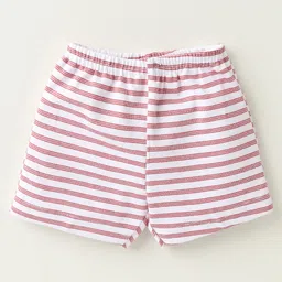 Zero Sinker Knit Half Sleeves Shorts Night Suit With Stripes & Welcome Friend Text Print - Red & White image 4