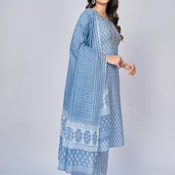 KALINI Floral Printed Sequnnied Pure Cotton Straight Kurta With Trousers & Dupatta image 3