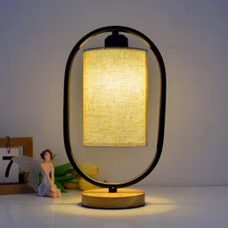 The Better Home Black & Brown Wooden & Fabric Shade Dimmable Table Lamp image 1