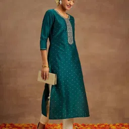 Libas Teal Blue Embroidered Straight Kurta image 3