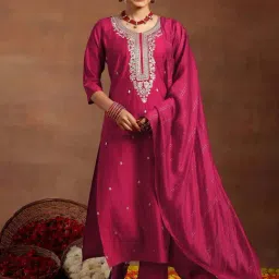 Libas Rani Pink Embroidered Kurta and Trousers with Dupatta-image-0