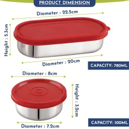 Magnus Easy Lock Deep Red Stainless Steel Container with Leakproof Lid - Set of 2 (100 ml, 780 ml) image 3