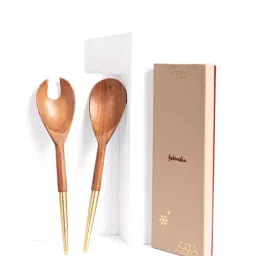 Fabindia Vanya Natural & Antique Brass Wood Salad Server Gift - Set of 2-image-24