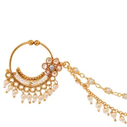 Saraf Rs Jewellery Gold Toned White Pearl Beaded Designer Nath Nose Ring With Chain image 3