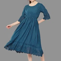 Janasya Blue Cotton Self Pattern A-Line Dress-image-31