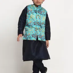 Benstoke Kids Navy & Sea Green Printed Full Sleeves Kurta Set-image-5